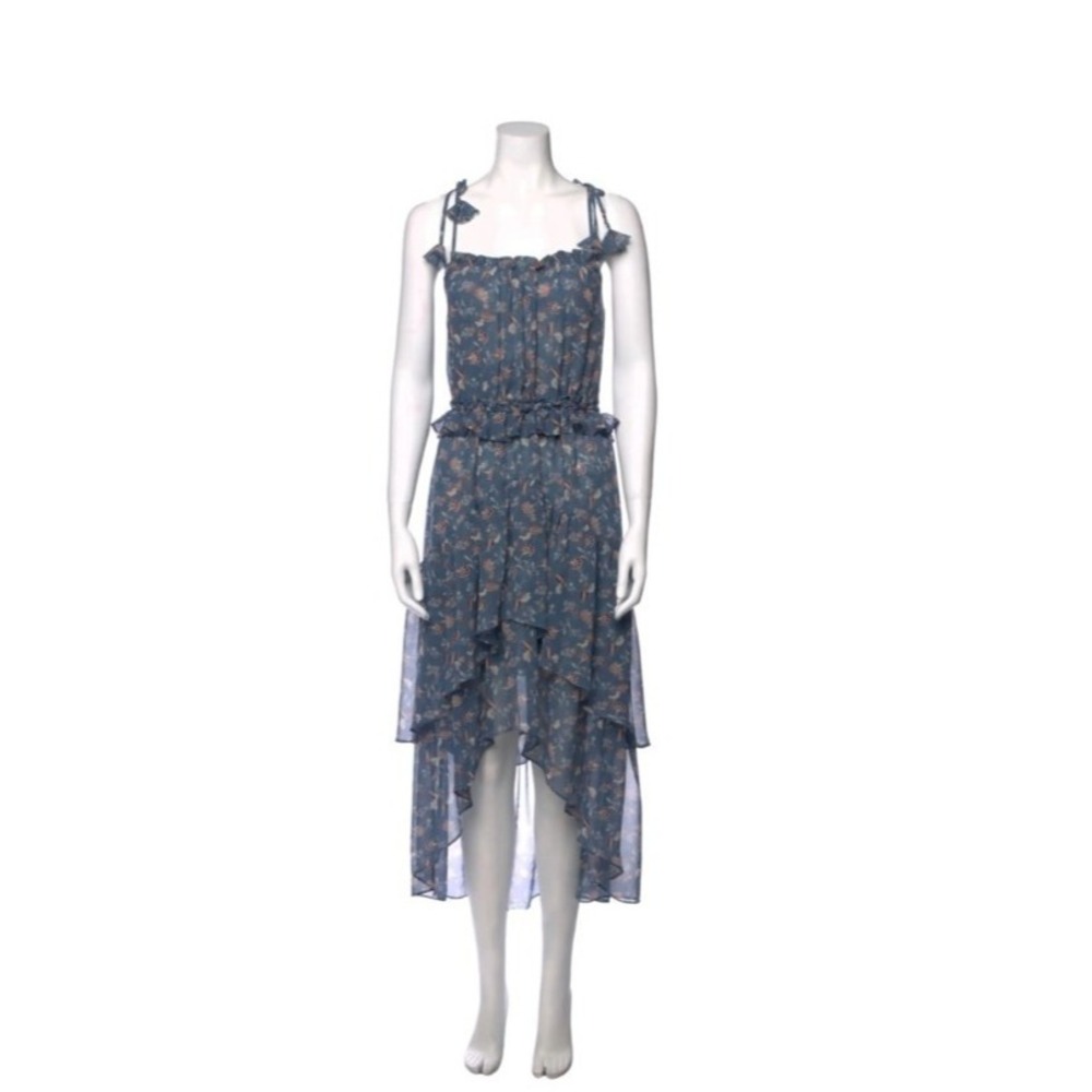 MISA Los Angeles Dress Size Small Blue Floral High Low Shoulder Tie